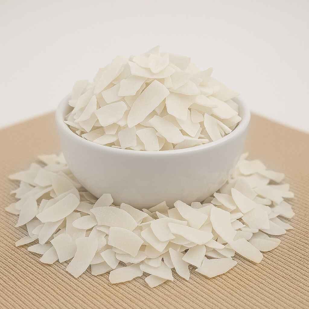 Close-up of coconut flakes in a white bowl