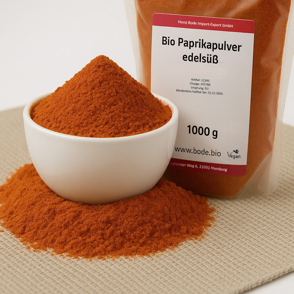 Hvid skål med fint, rødt økologisk sødt paprikapulver ved siden af en 1000 g pose