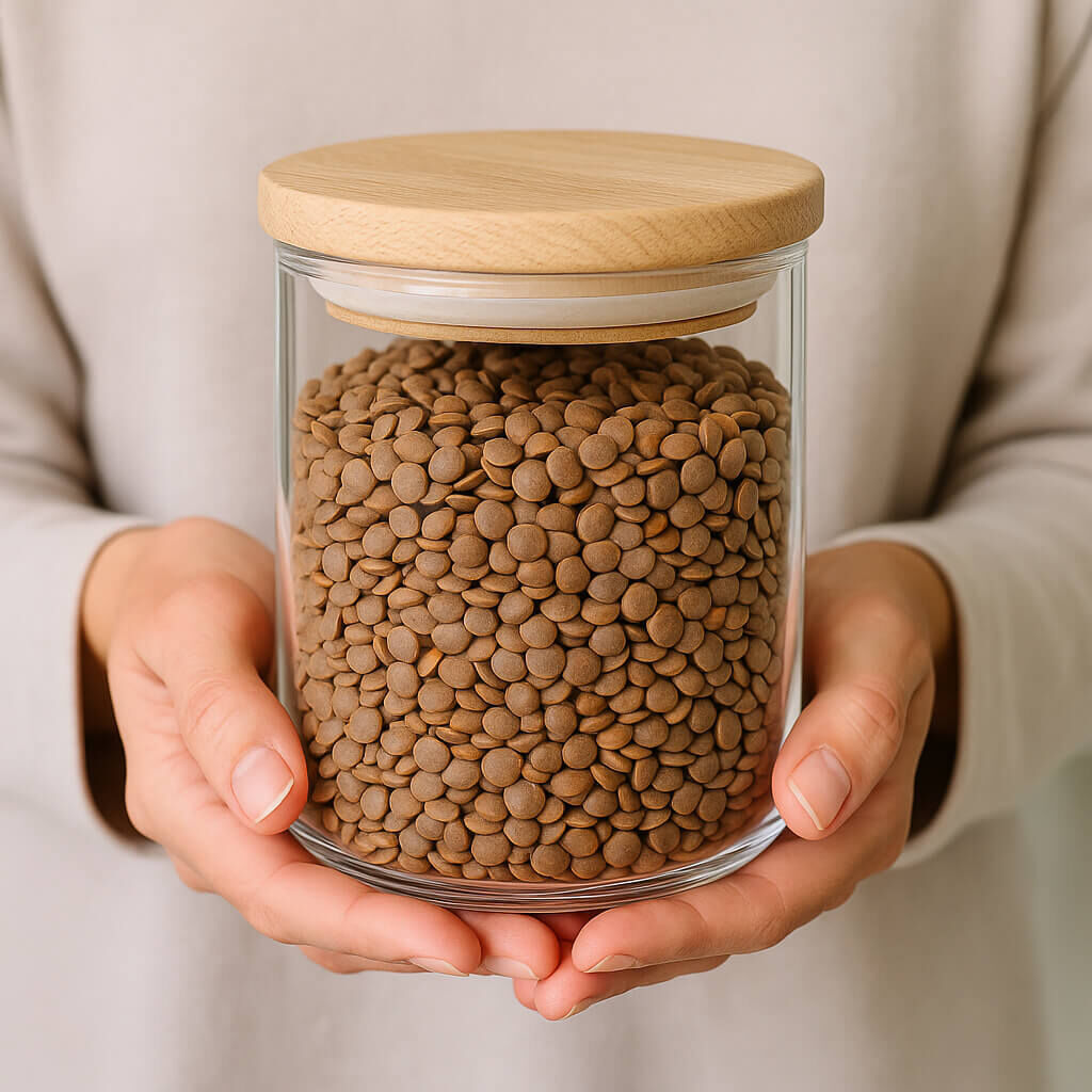 Hands holding glass jar filled with brown lentils
