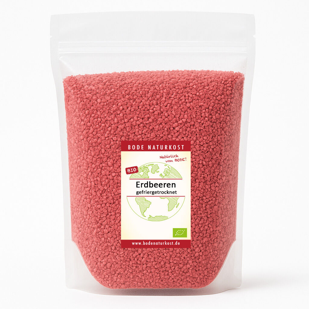 Resealable pouch of freeze-dried strawberry granules