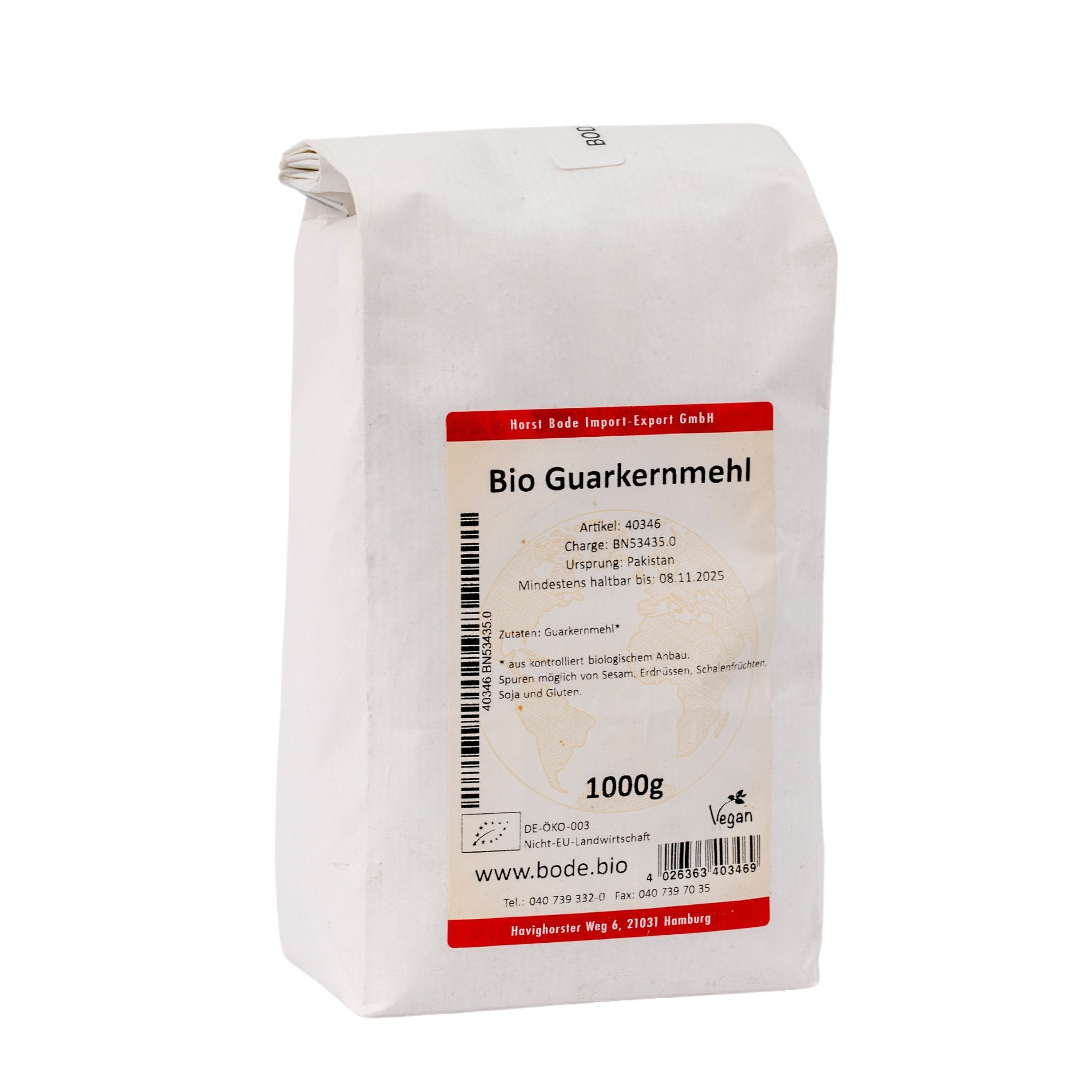 Hvid papirspose med etiket til økologisk guarkernemel (guargummi), 1000 g, mærket 'Bio Guarkernmehl', vegan og producentinformation