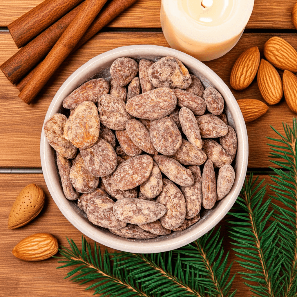 En skål med sukkerglaserede mandler omgivet af kanelstænger, et tændt lys og grangrene på et træbord.