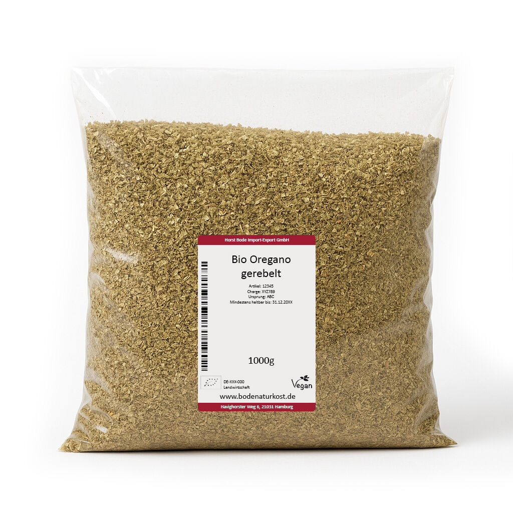 Gennemsigtig plastikpose med 1000 g økologisk, knust oregano og hvid etiket