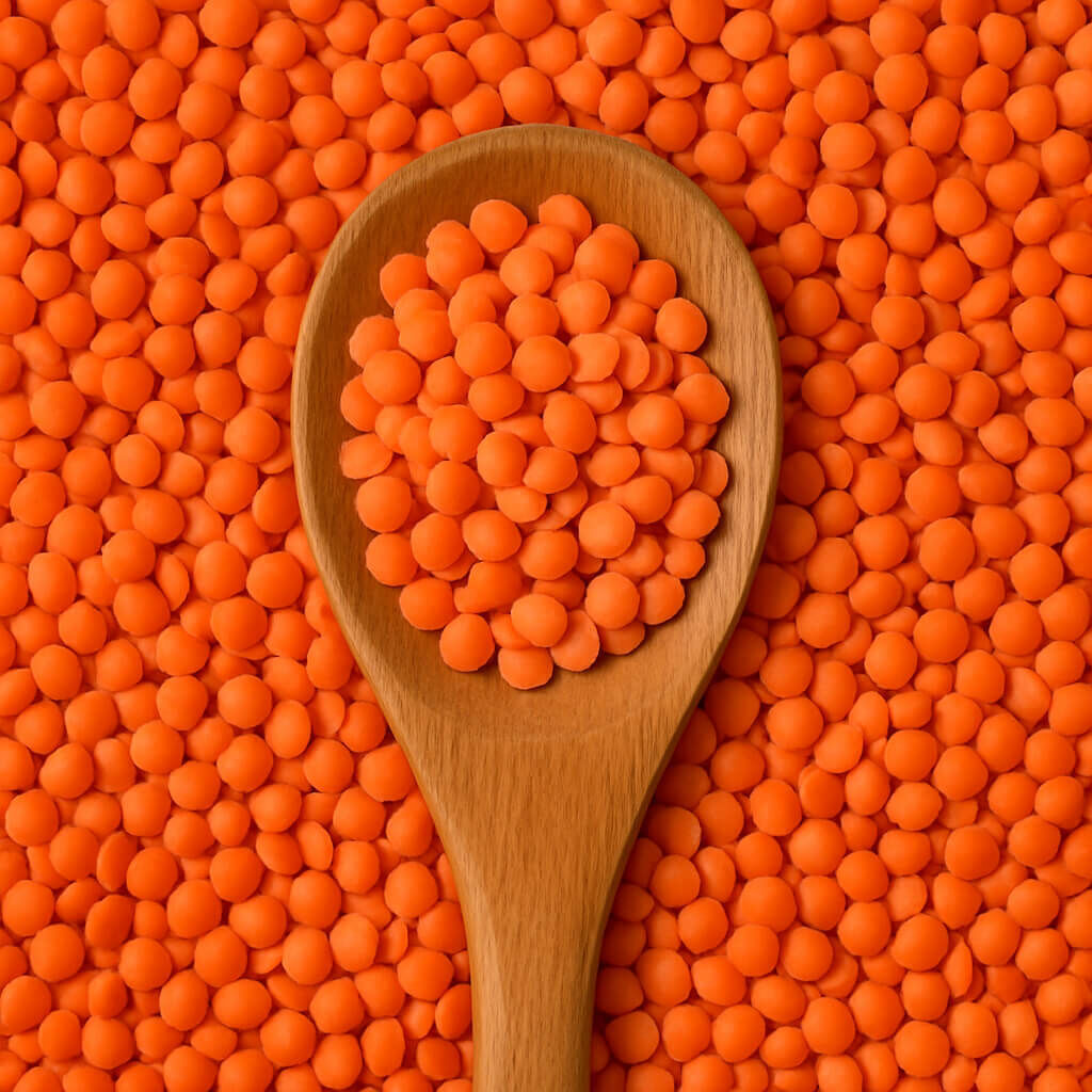 Wooden spoon filled with red lentils, close-up