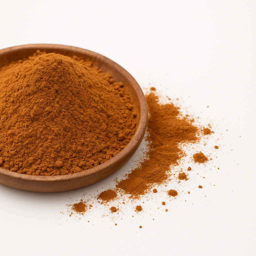 Fint malet kanelpulver i en træskål med lidt spildt krydderi på hvid baggrund