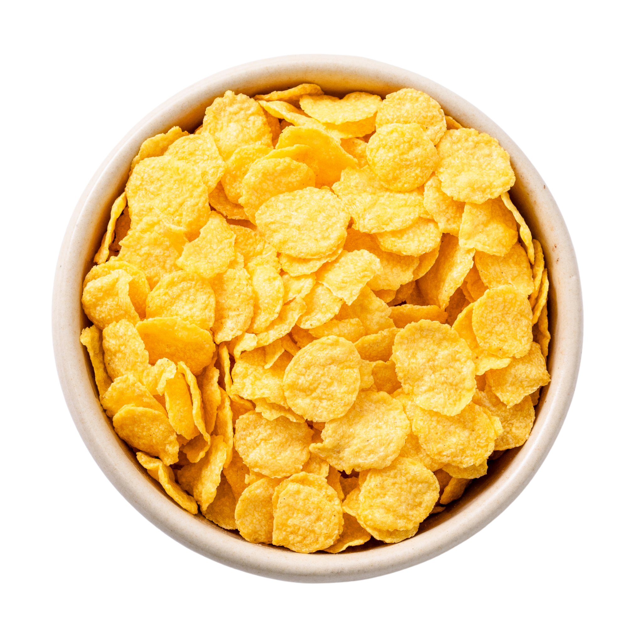 Nærbillede af en skål fyldt med gyldne cornflakes (majsflager) på hvid baggrund