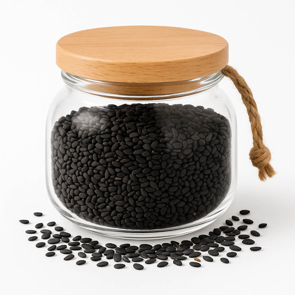 Glass jar filled with black sesame seeds and wooden lid