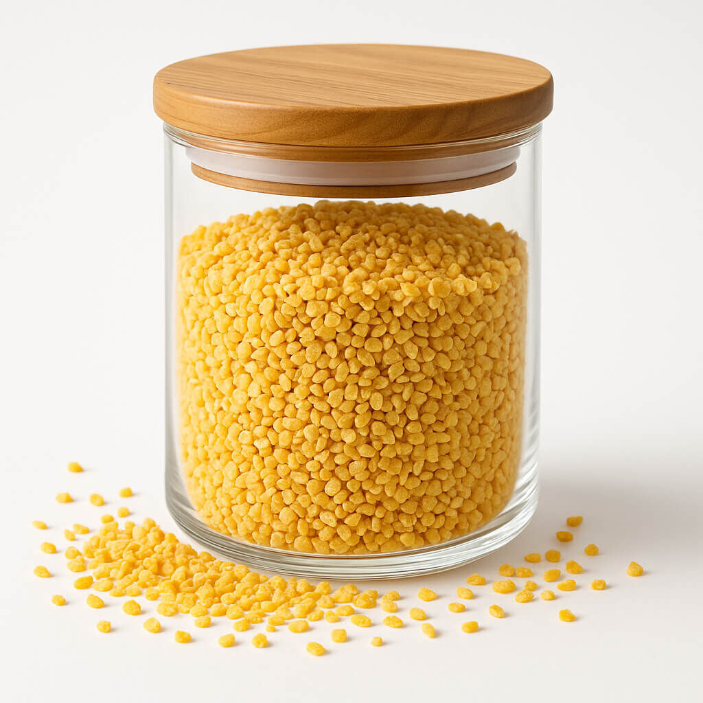 Glass jar filled with yellow couscous and wooden lid