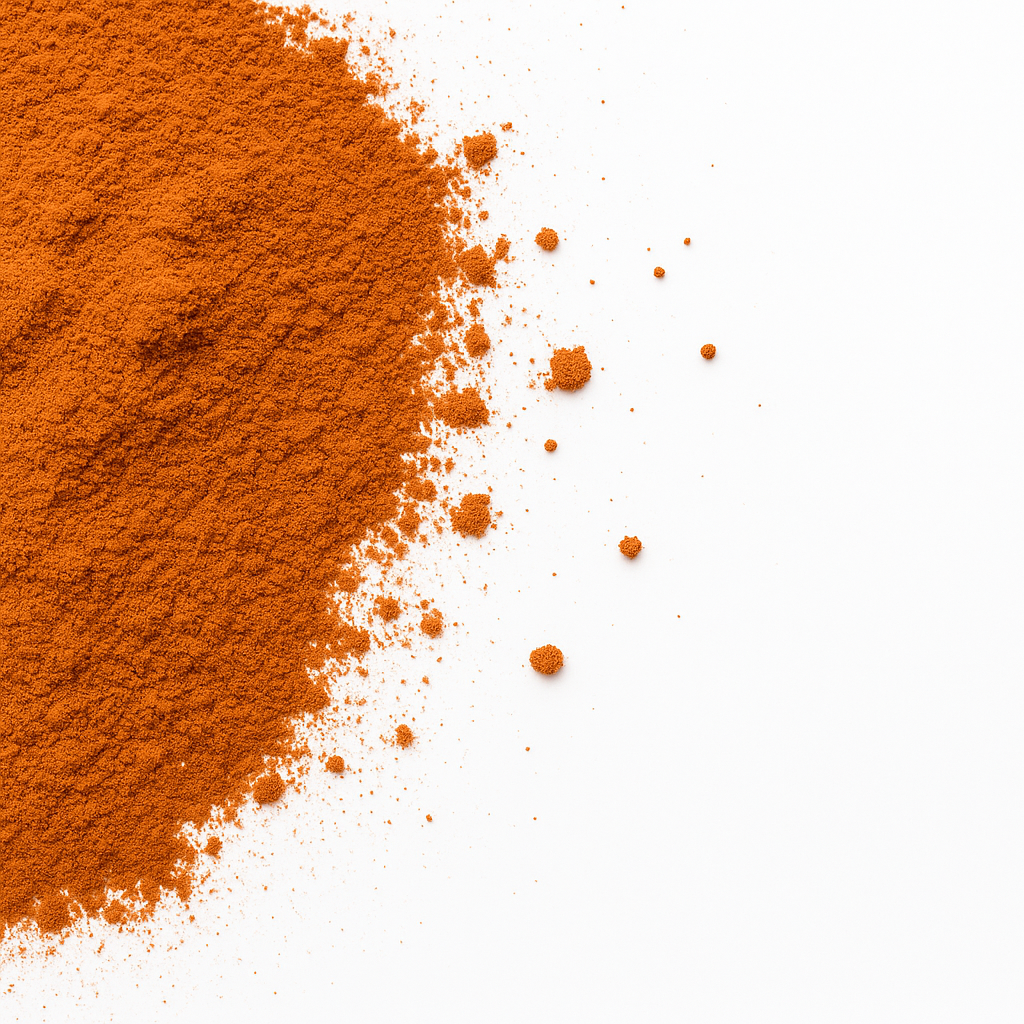Detaljebillede af finmalt rødt paprikapulver spredt på hvidt underlag med små klumper