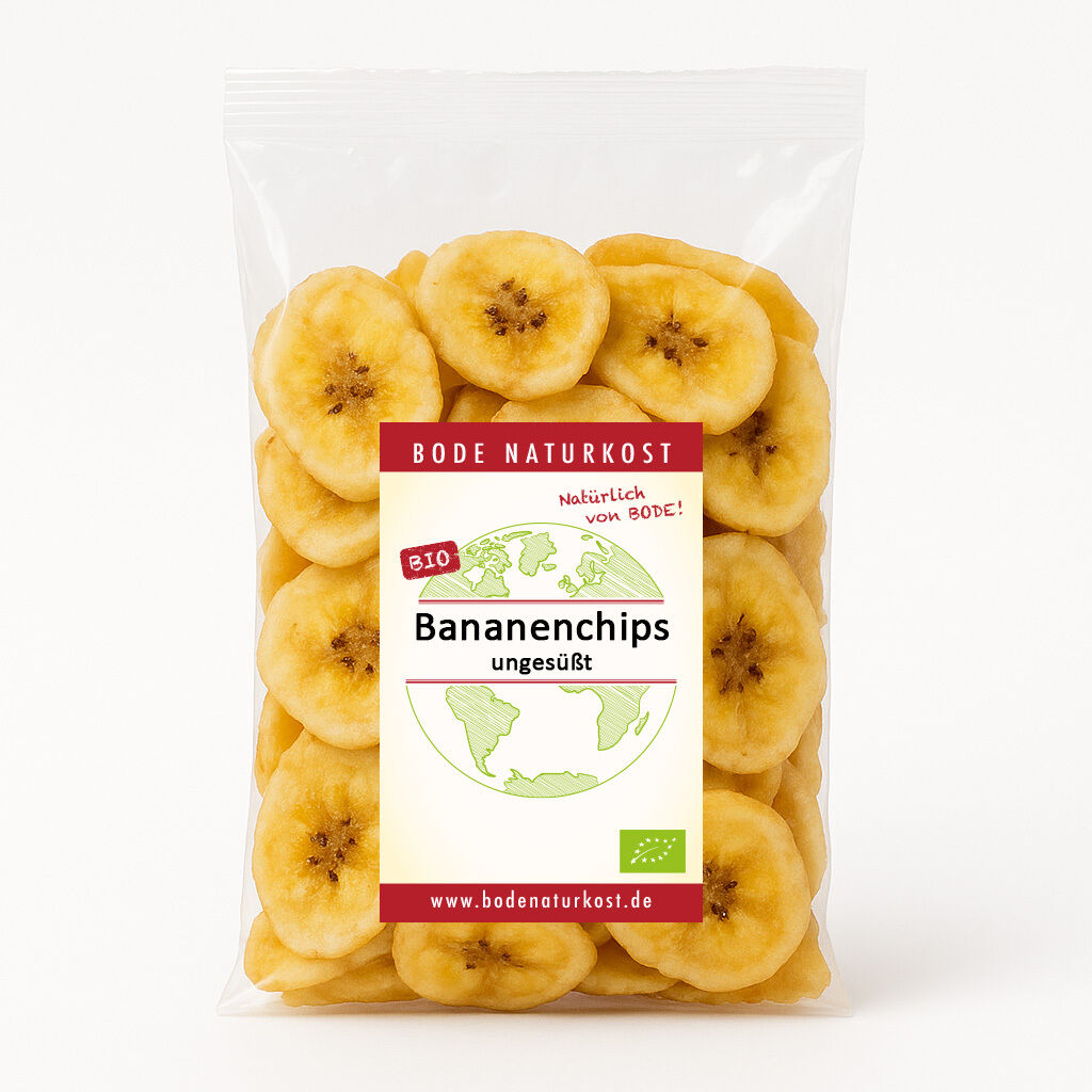 Pack of organic unsweetened banana chips in clear bag