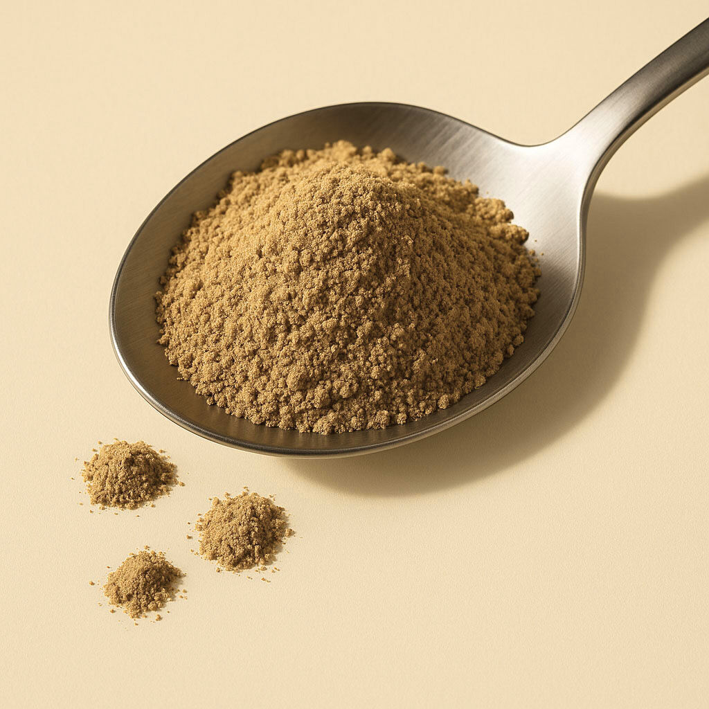 A heap of organic ground ginger on a metal spoon with small piles beside it