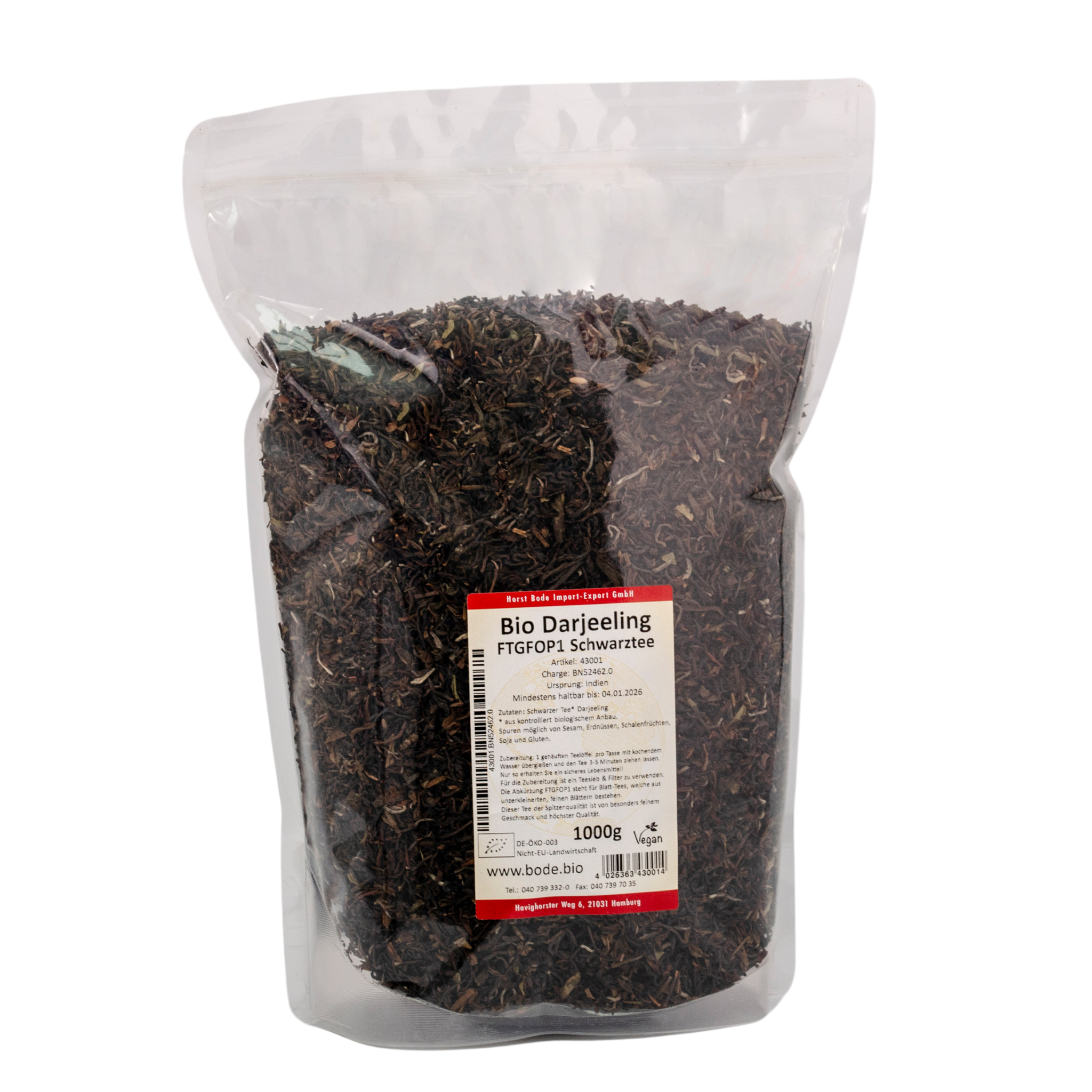 Gennemsigtig genlukkelig pose med løs økologisk Darjeeling sort te (FTGFOP1), 1000 g, rød-hvid etiket