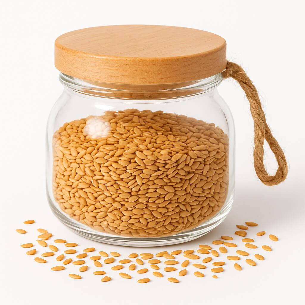 Jar of golden seeds on white background