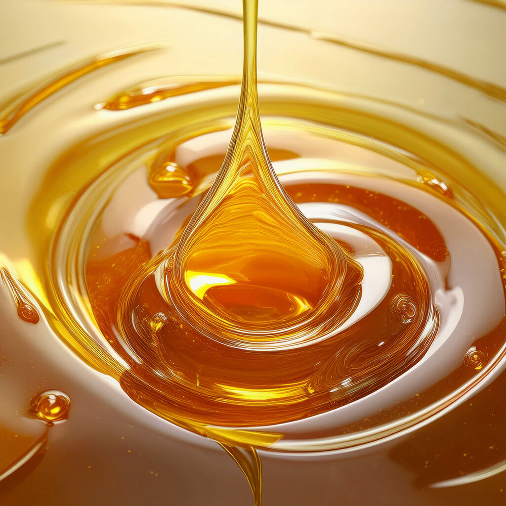 Nærbillede af gylden honning, der drypper og danner koncentriske krusninger