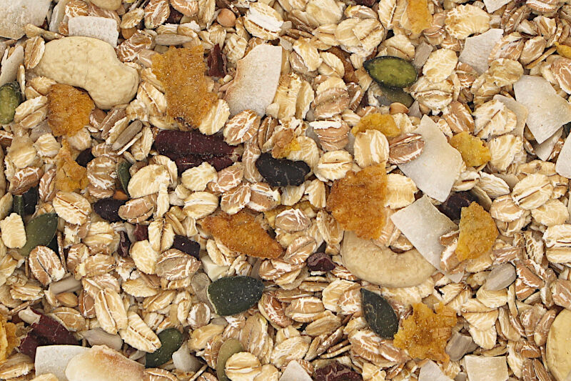 Nærbillede af muesli med havregryn, cashewnødder, solsikkekerner, græskarkerner, kokosflager, kakaonibs og knuste cornflakes