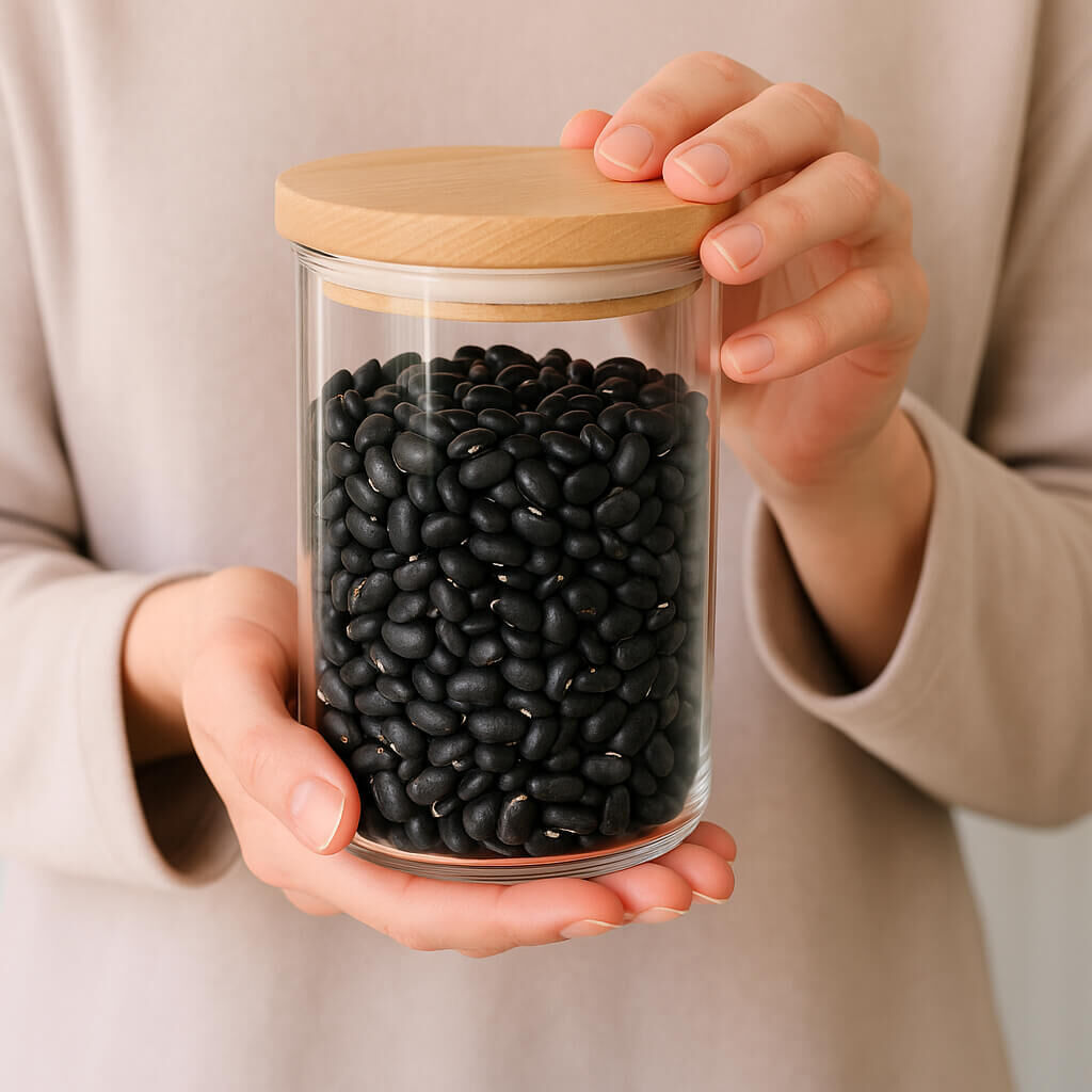 Person holding glass jar of black beans with wooden lid