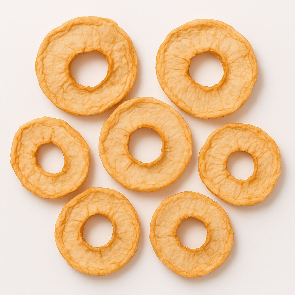 Seven dried apple rings on a white background