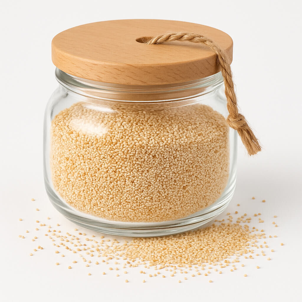 Clear glass jar filled with couscous, wooden lid and twine