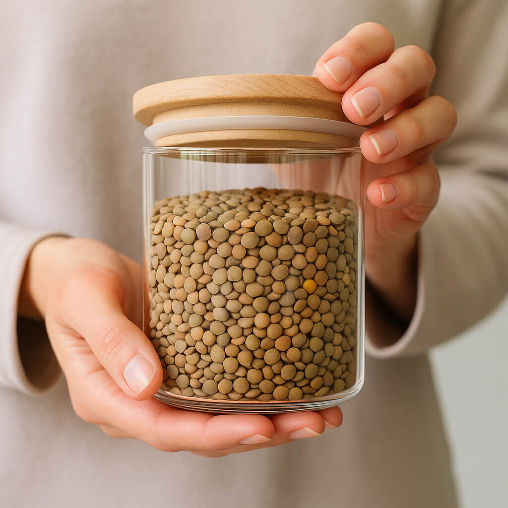 Hands holding glass jar of lentils
