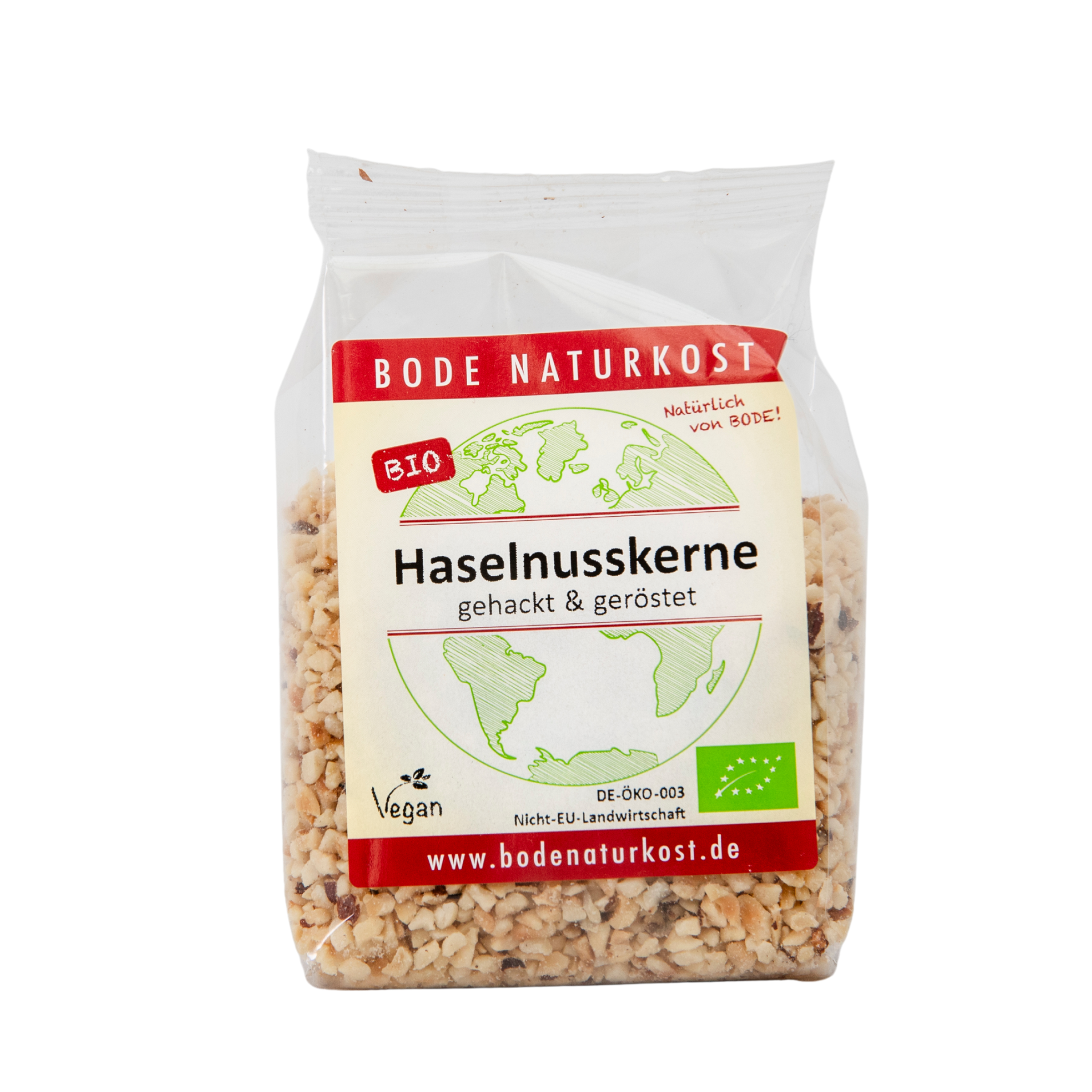 Packung Bode Naturkost Haselnusskerne, gehackt und geröstet, Bio-Qualität, vegan, transparente Verpackung mit Etikett