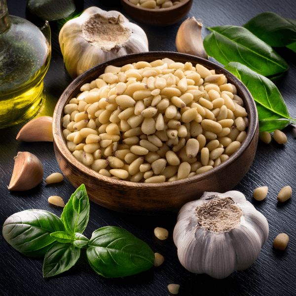 Bowl of pine nuts with basil leaves and garlic