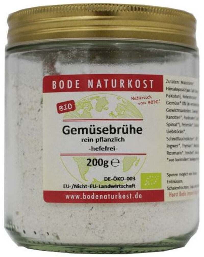 Glas med Bode Naturkost grøntsagsbouillonpulver 200 g; hvidt pulver, gyldent låg og synlig etiket