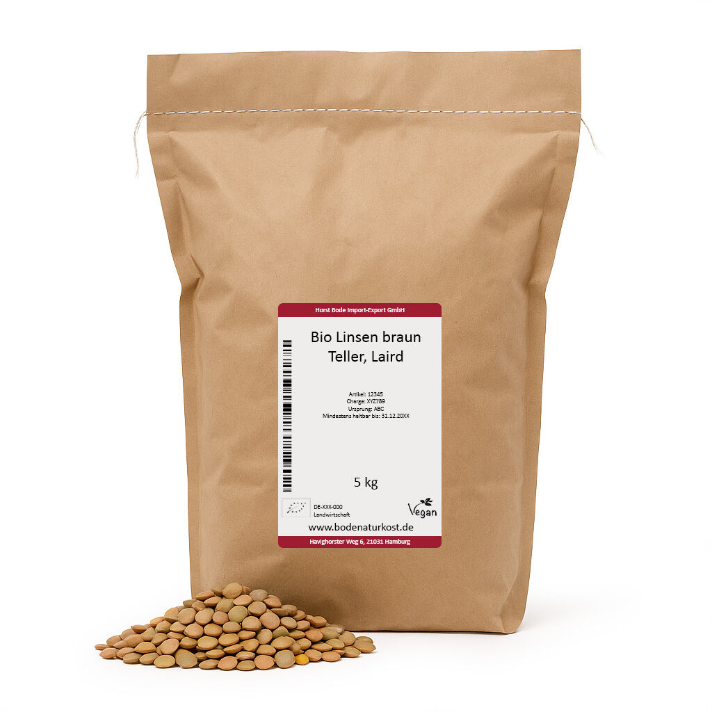 Kraft paper sack labelled 5kg brown lentils with loose pile