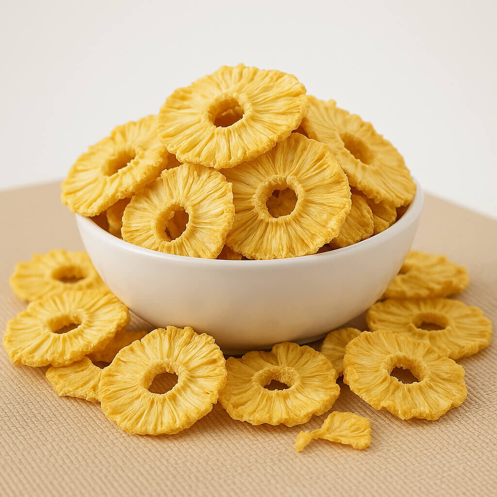 White bowl filled with dried pineapple rings