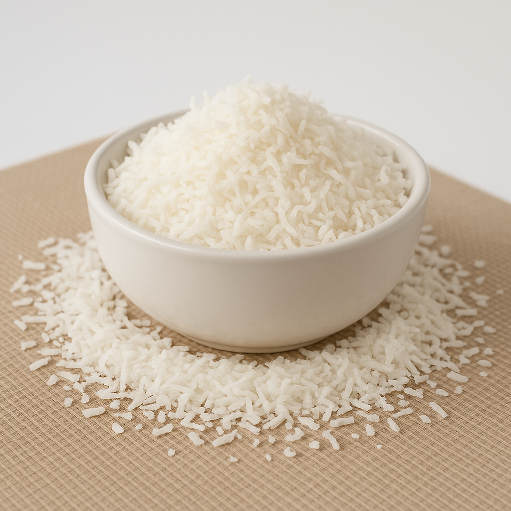 Bowl of shredded desiccated coconut on mat