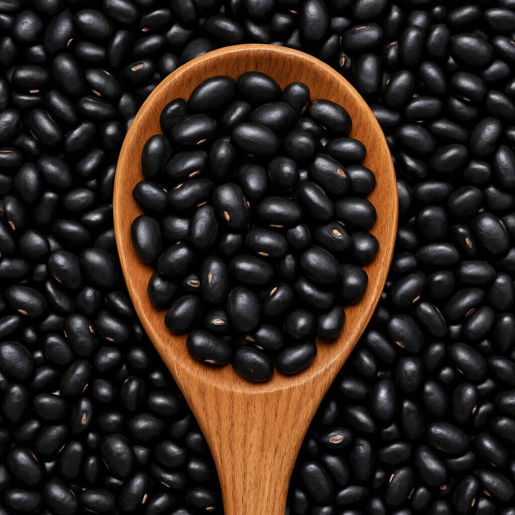 Black beans in wooden spoon, close-up