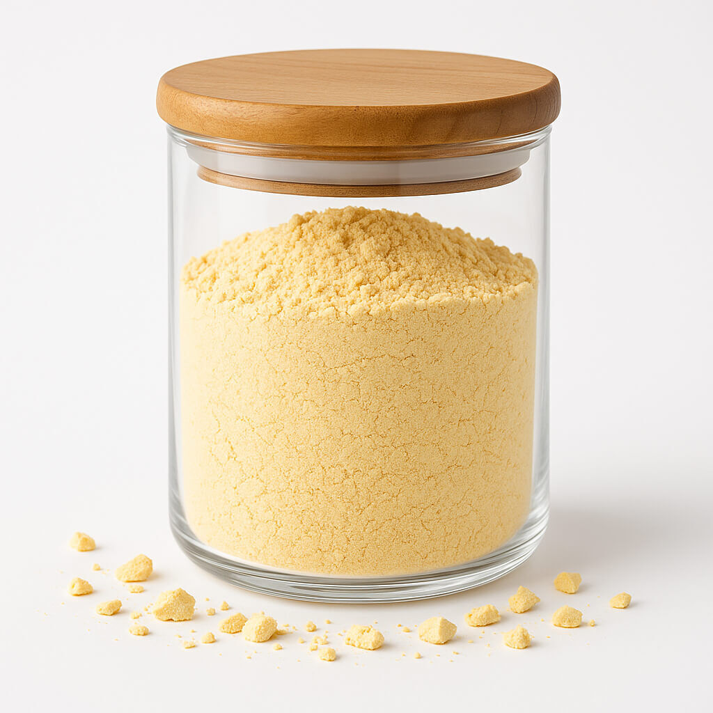Sealed glass jar of yellow cornmeal on white background