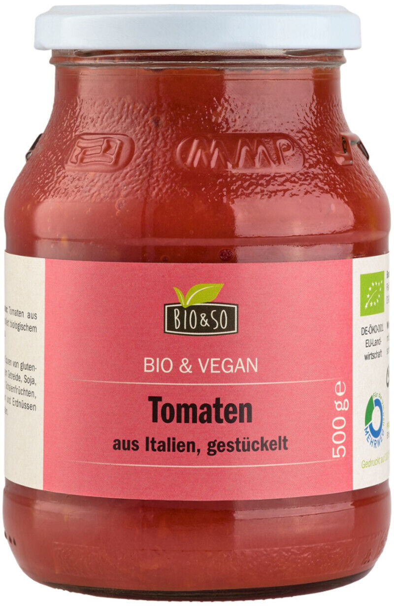 Glas mit gestückelten Bio-Tomaten von Bio&So, rosa Etikett 'Bio & Vegan', 500 g