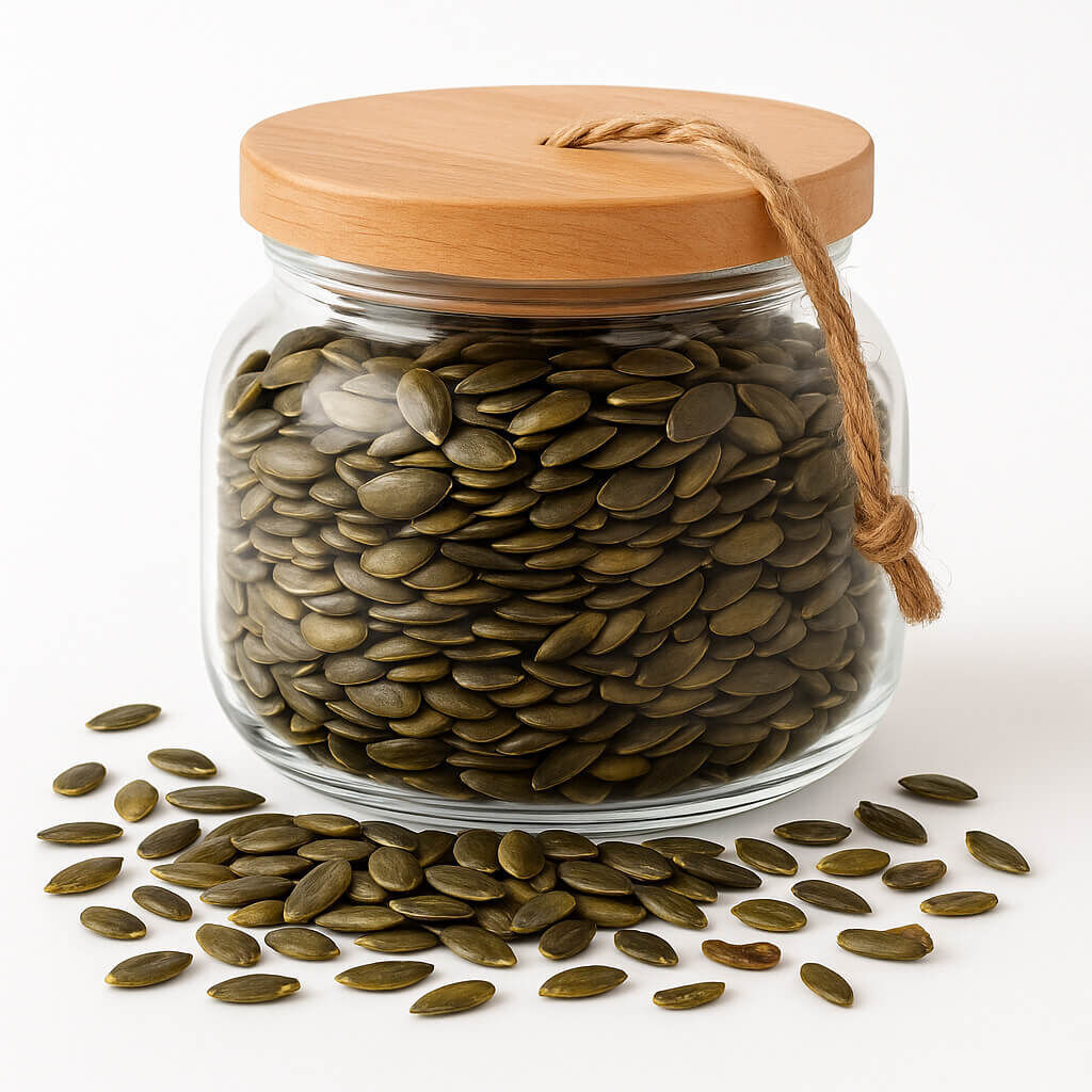 Glass jar with wooden lid filled with pumpkin seeds