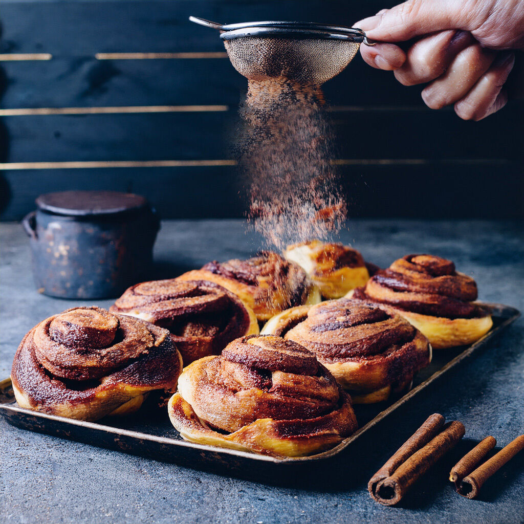 En hånd sigter kanel-sukker over nybagte kanelsnegle på en bageplade, med kanelstænger ved siden af og en rustik baggrund