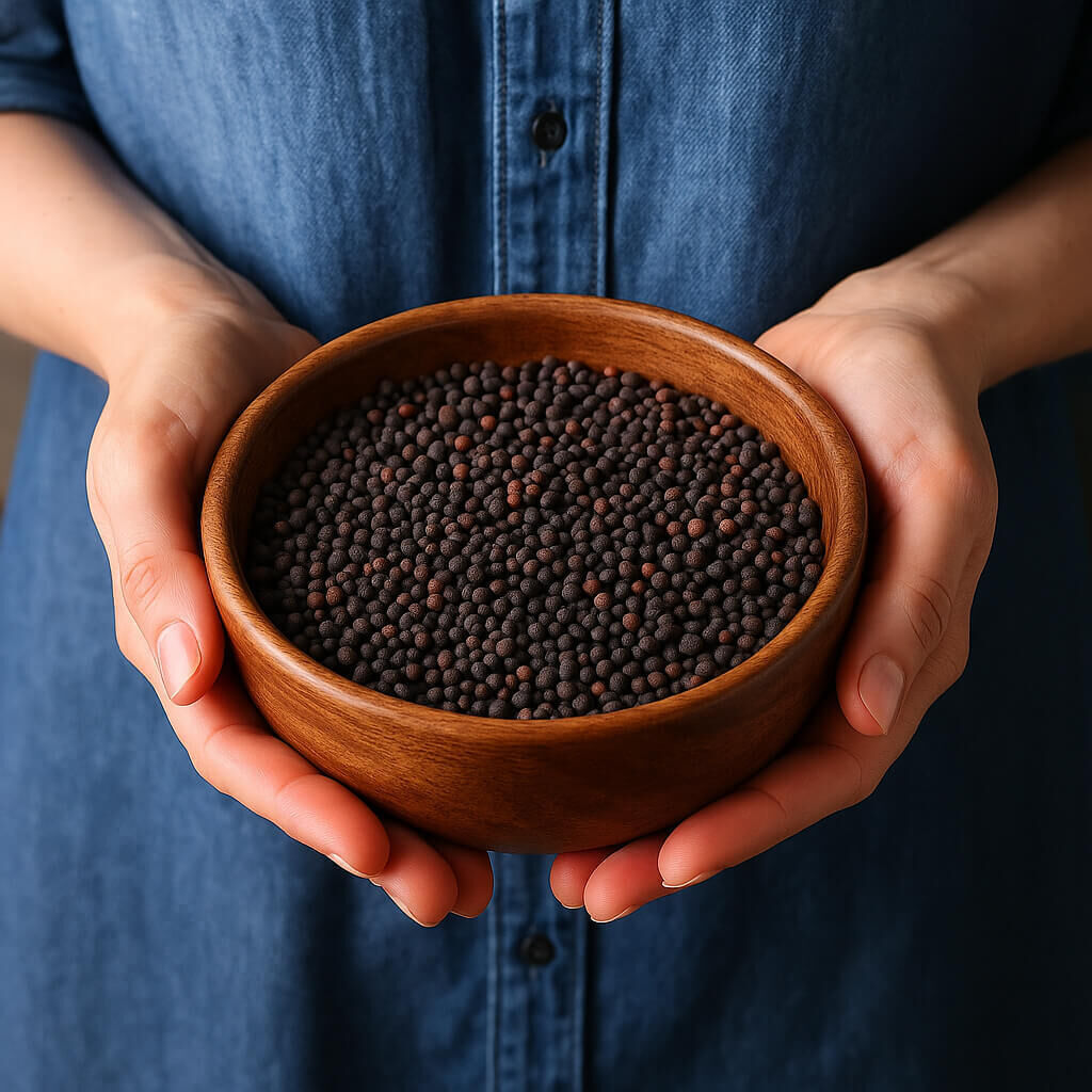Hands holding wooden bowl filled with black mustard seeds
