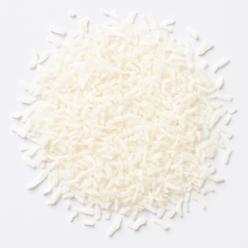 Close-up of shredded coconut flakes on white