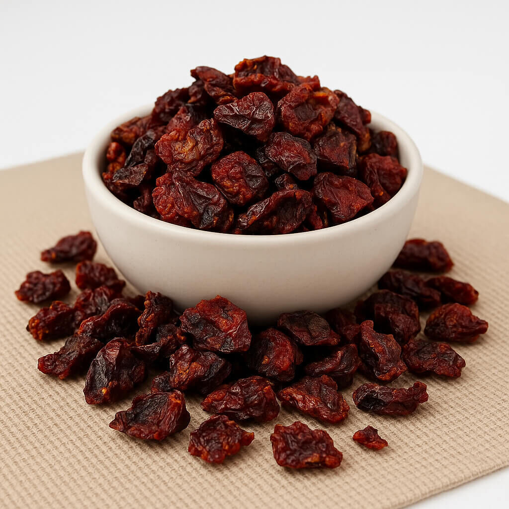Dried cranberries in white bowl on beige cloth