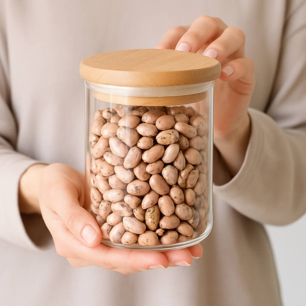 Hands holding a glass jar filled with beige beans