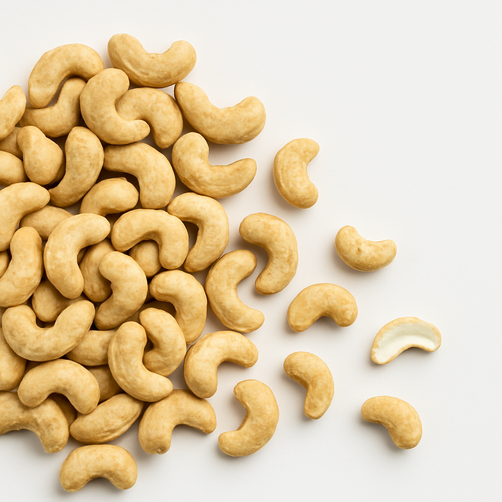 A pile of crunchy roasted cashew nuts on a white background