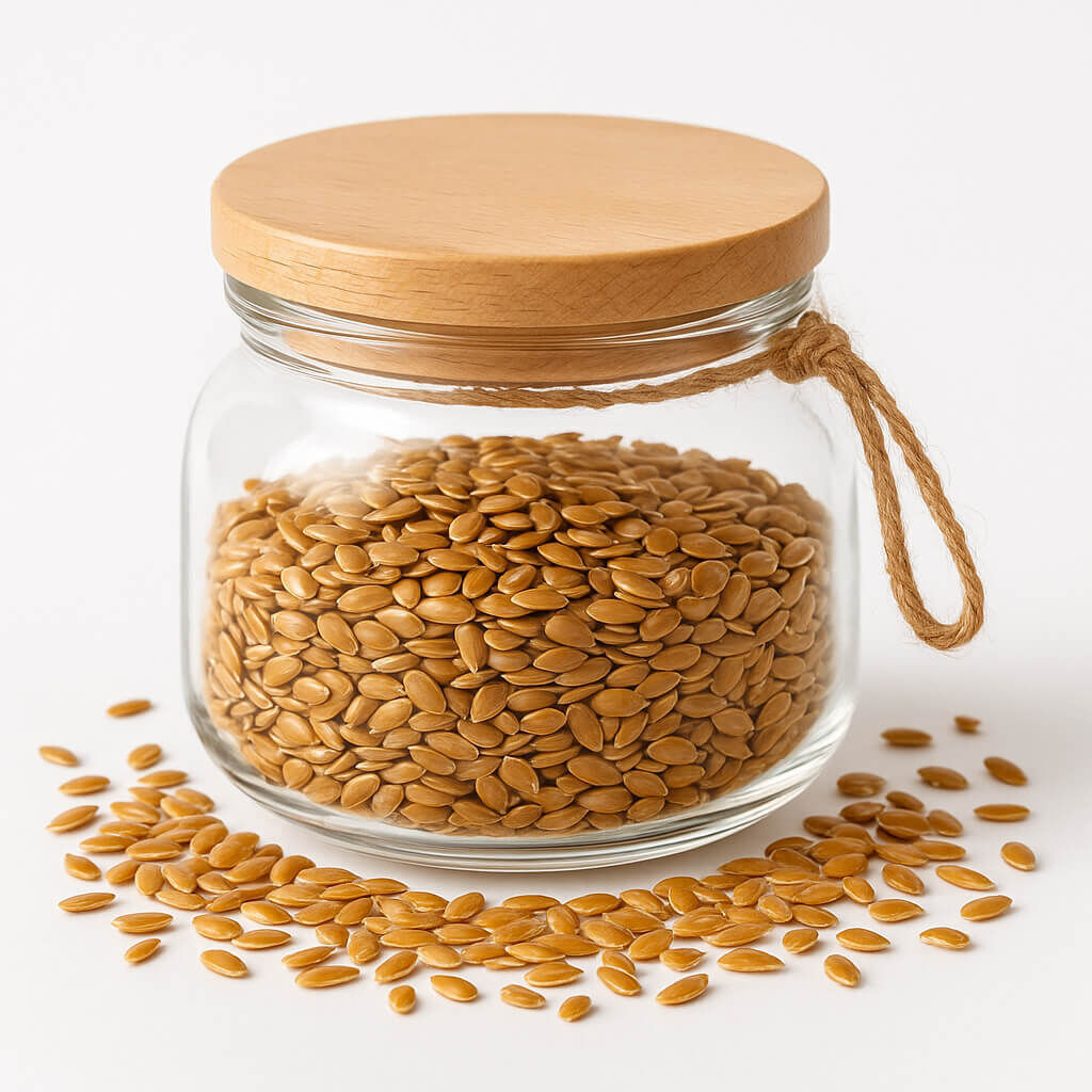 Glass jar filled with golden flax seeds on white background
