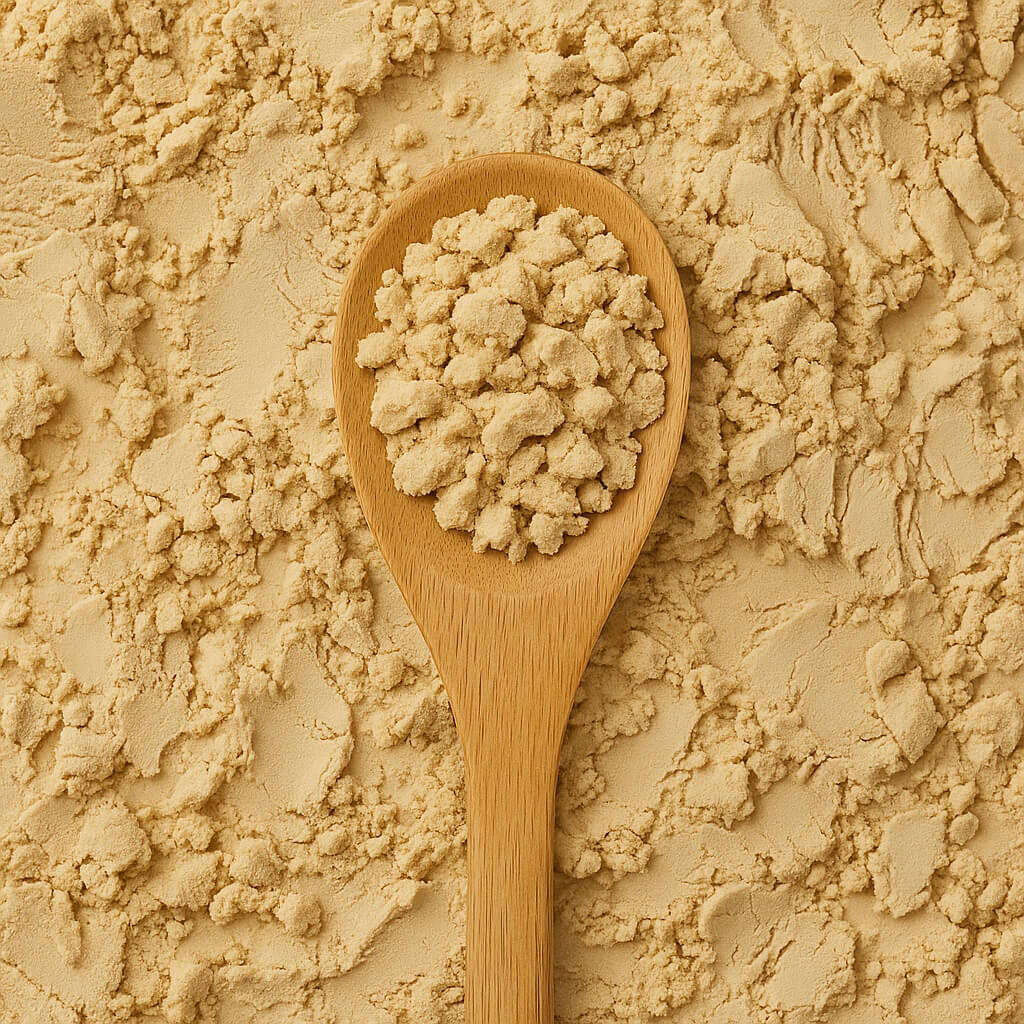 Top view wooden spoon filled with beige powder