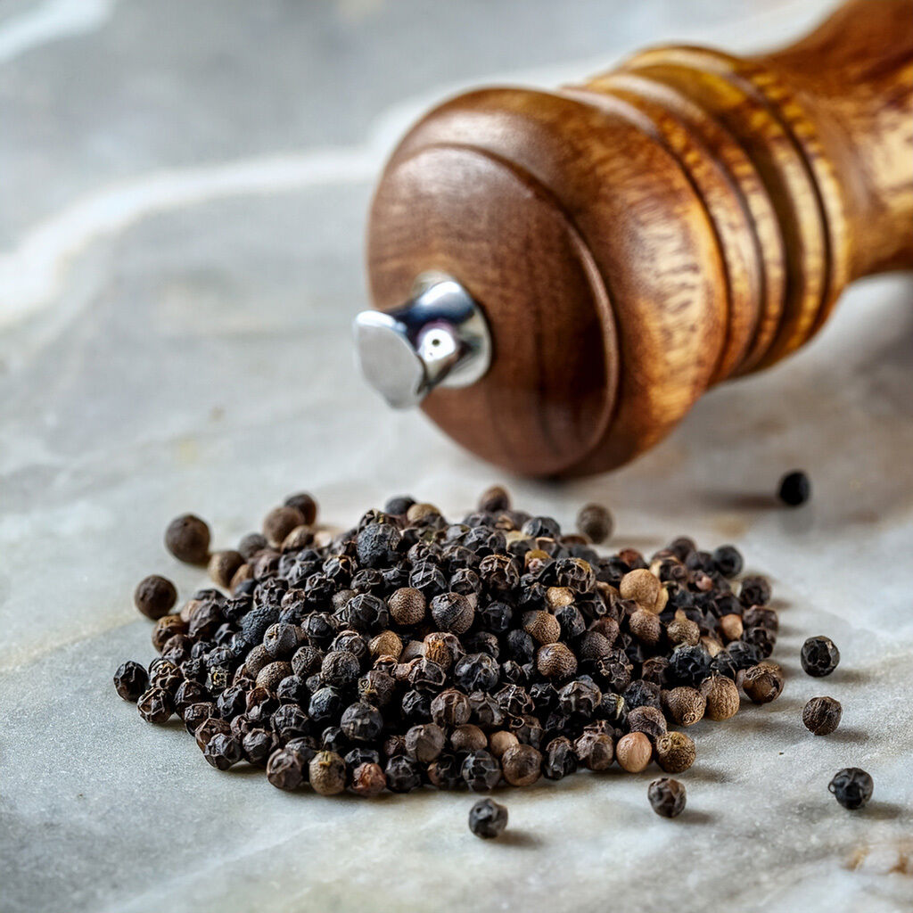 Nærbillede af en bunke sorte peberkorn foran en træpeberkværn på en marmorbordplade.
