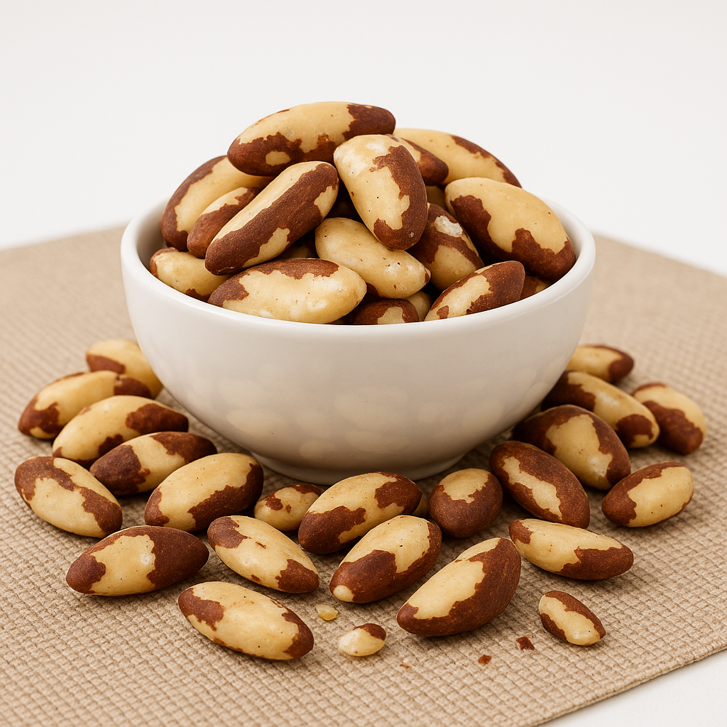 Close-up of shelled Brazil nuts in a white bowl