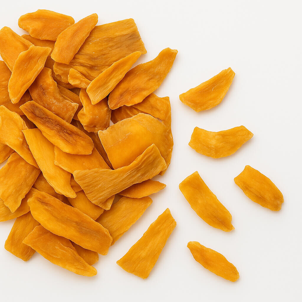 Dried mango slices on white background