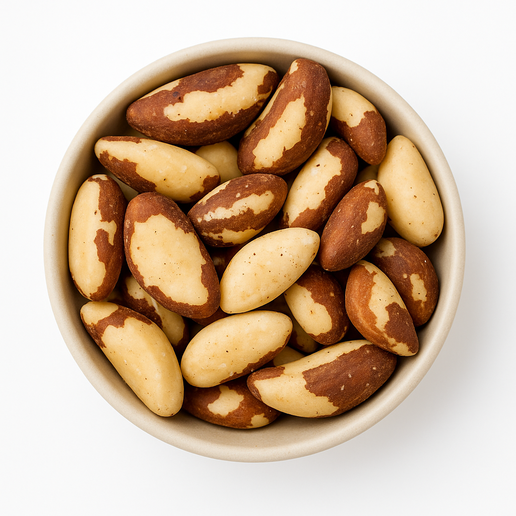 Whole Brazil nuts in ceramic bowl