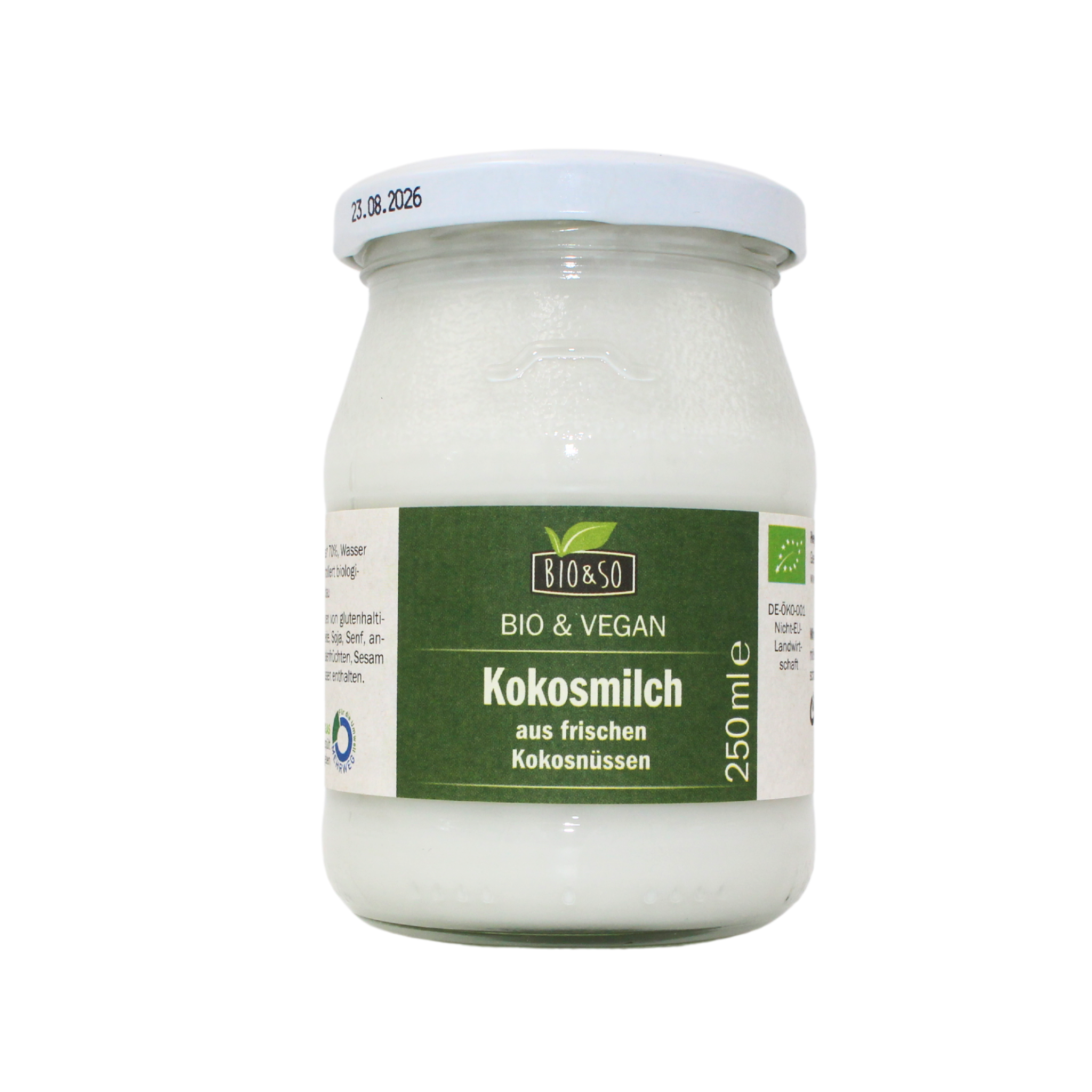 Glas mit BIO&SO Kokosmilch 250 ml, Bio & Vegan, aus frischen Kokosnüssen, weißer Inhalt, grünes Etikett