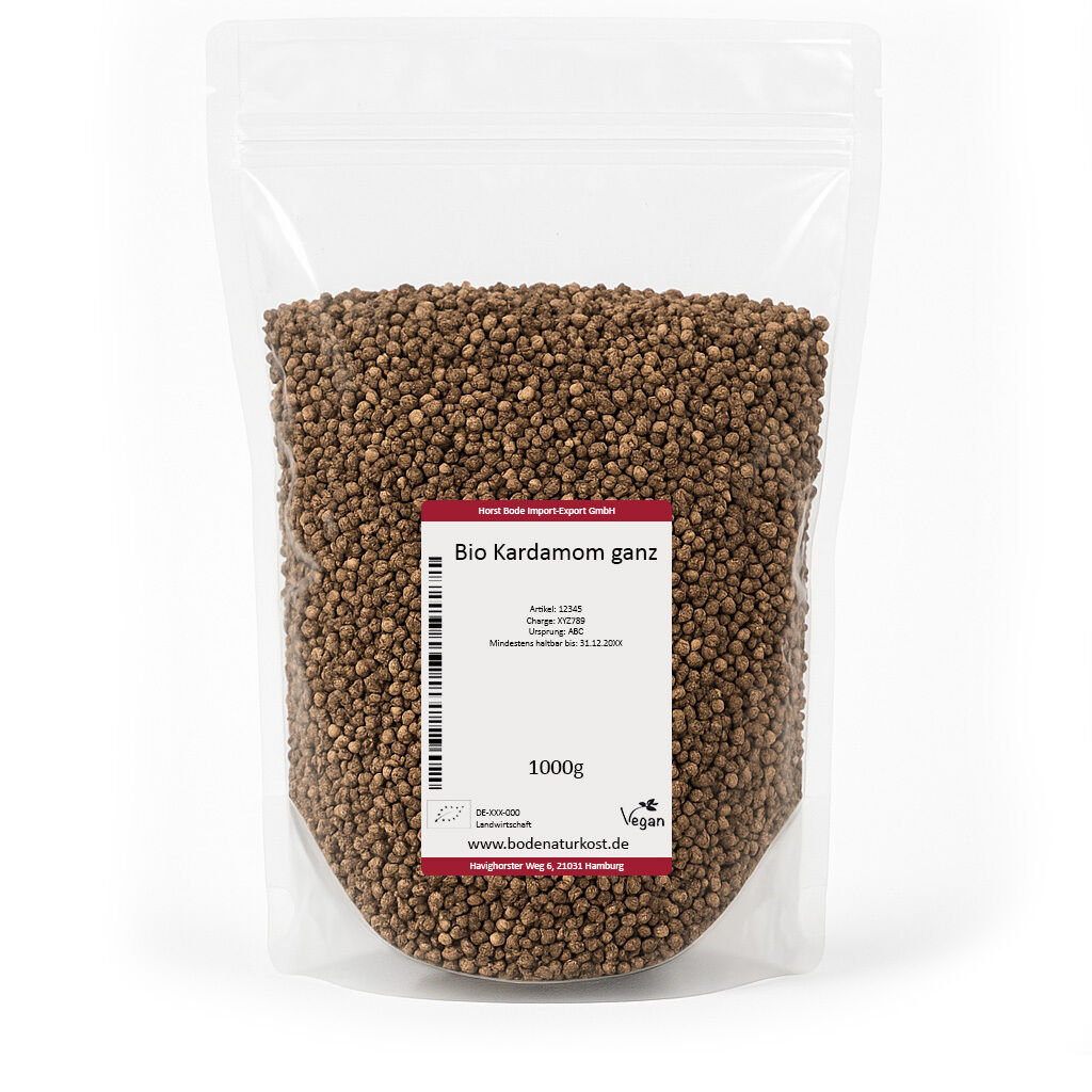 Genlukkelig pose med 1000 g økologisk hel kardemomme (hele kardemommefrø)