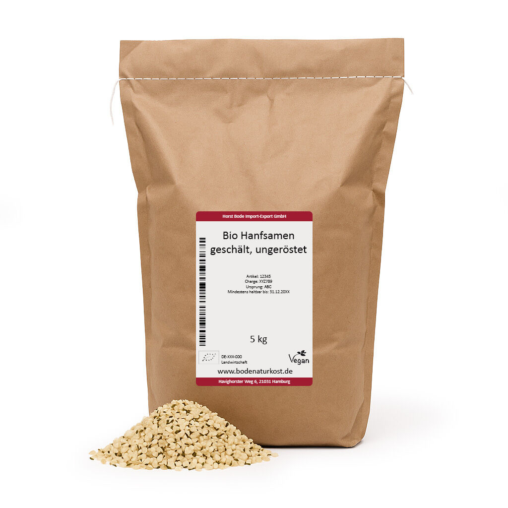 Brown paper bag of 5kg organic hulled hemp seeds