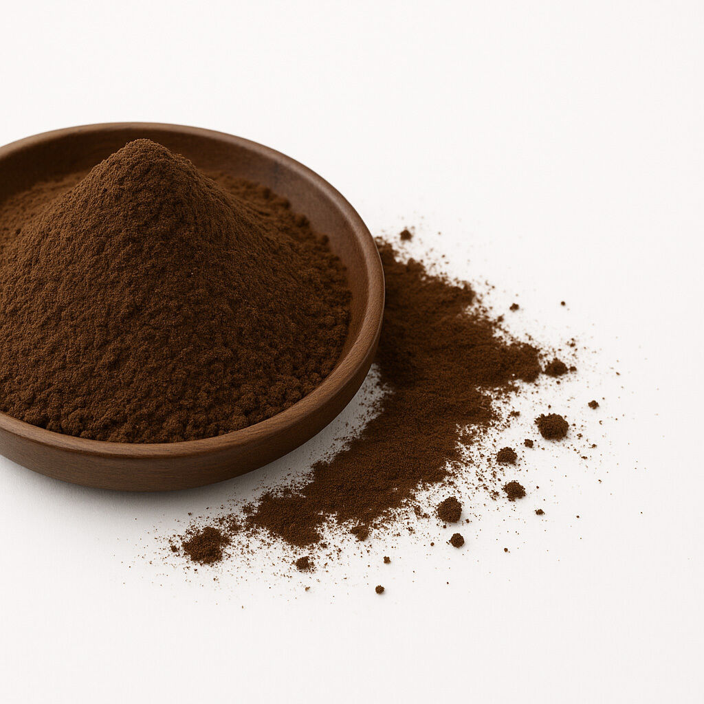 Formalet kaffe i en træskål på hvid baggrund med spredt kaffepulver ved siden af