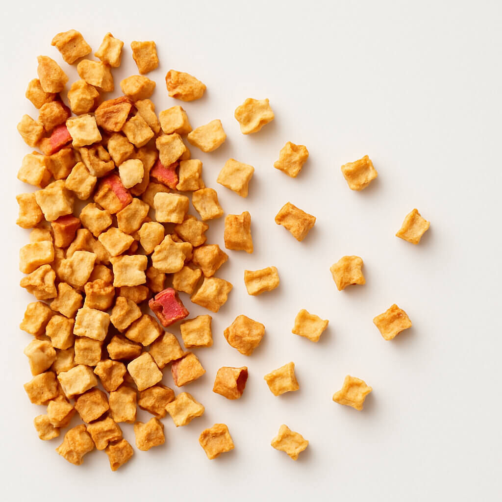 Top view of crunchy square snack bites on white